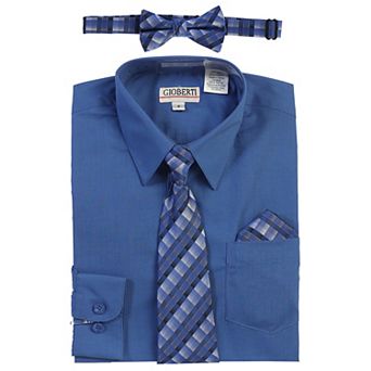 Gioberti Boy's Long Sleeve Dress Shirt + Plaid Tie, Bow Tie and Hanky