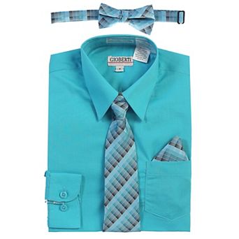 Gioberti Boy's Long Sleeve Dress Shirt + Plaid Tie, Bow Tie and Hanky