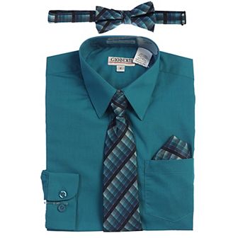 Gioberti Boy's Long Sleeve Dress Shirt + Plaid Tie, Bow Tie and Hanky