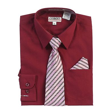 Gioberti Boy's Long Sleeve Dress Shirt + Stripe Tie, Bow Tie and Hanky