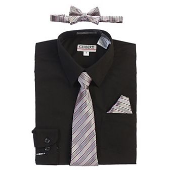 Gioberti Kid's Long Sleeve Dress Shirt + Stripe Tie, Bow Tie And Hanky