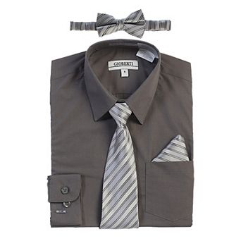 Gioberti Kid's Long Sleeve Dress Shirt + Stripe Tie, Bow Tie And Hanky