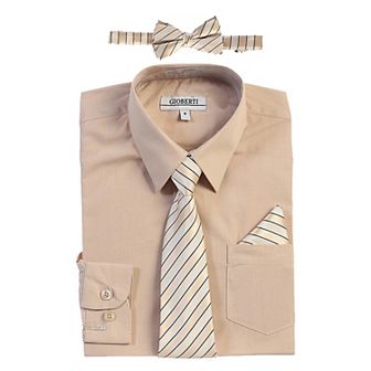 Gioberti Kid's Long Sleeve Dress Shirt + Stripe Tie, Bow Tie And Hanky
