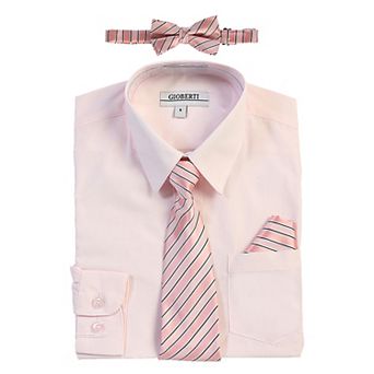Gioberti Kid's Long Sleeve Dress Shirt + Stripe Tie, Bow Tie And Hanky