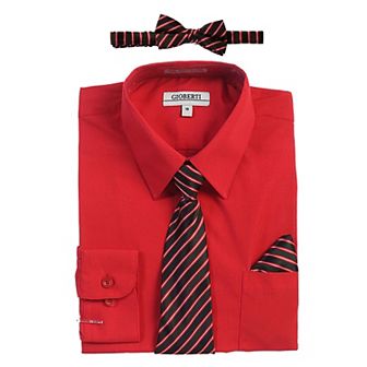 Gioberti Kid's Long Sleeve Dress Shirt + Stripe Tie, Bow Tie And Hanky