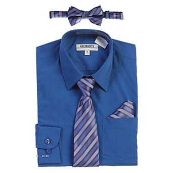 Gioberti Boy's Long Sleeve Dress Shirt + Stripe Tie, Bow Tie and Hanky