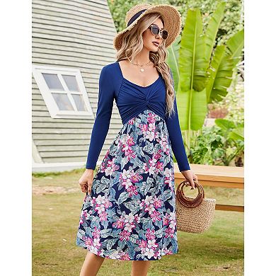 Women's Long Sleeve Vintage Floral Patchwork Dress Flared A-line Swing Casual Party Midi Dress