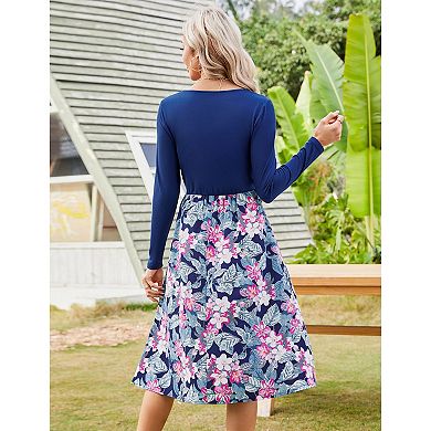 Women's Long Sleeve Vintage Floral Patchwork Dress Flared A-line Swing Casual Party Midi Dress