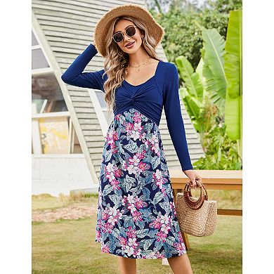 Women's Long Sleeve Vintage Floral Patchwork Dress Flared A-line Swing Casual Party Midi Dress