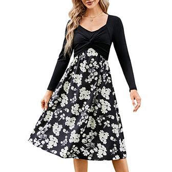 Women's Long Sleeve Vintage Floral Patchwork Dress Flared A-line Swing Casual Party Midi Dress