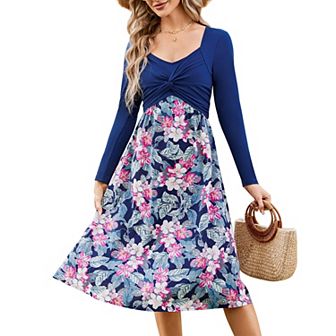 Women's Long Sleeve Vintage Floral Patchwork Dress Flared A-line Swing Casual Party Midi Dress