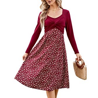 Women's Long Sleeve Vintage Floral Patchwork Dress Flared A-line Swing Casual Party Midi Dress