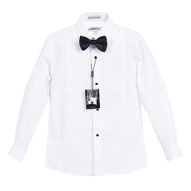 Gioberti Boys White Tuxedo Dress Shirt, With Bow Tie And Metal Studs