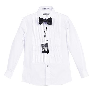 Gioberti Boy's White Tuxedo Dress Shirt, With Bow Tie And Metal Studs