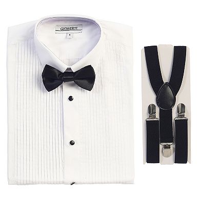 Gioberti Kid's White Tuxedo Dress Shirt, With Bow Tie And Metal Studs