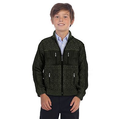 Gioberti Boy's Full Zip Cardigan Patch Design Sweater With Brushed Flannel Lining