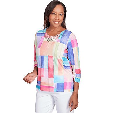 Petite Alfred Dunner Bright Patchwork Lace Neck Top