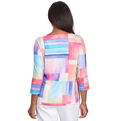 Petite Alfred Dunner Bright Patchwork Lace Neck Top
