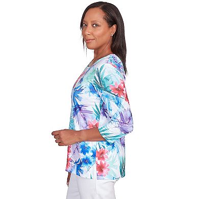 Petite Alfred Dunner Tropical Birds Lace Paneled Top