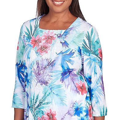 Petite Alfred Dunner Tropical Birds Lace Paneled Top