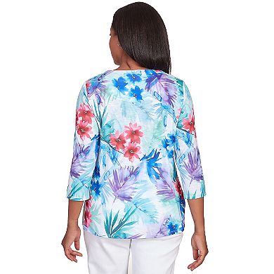 Petite Alfred Dunner Tropical Birds Lace Paneled Top