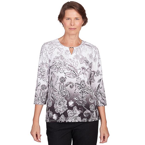 Petite Alfred Dunner Ombre Scroll Floral Split Neck Top