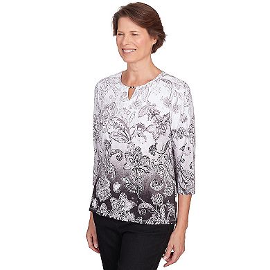 Petite Alfred Dunner Ombre Scroll Floral Split Neck Top