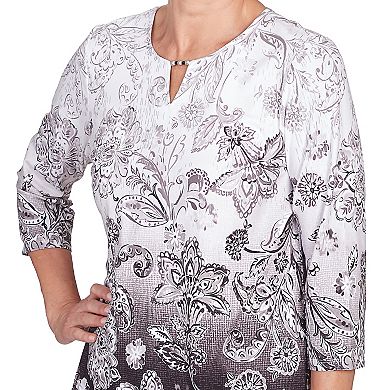 Petite Alfred Dunner Ombre Scroll Floral Split Neck Top