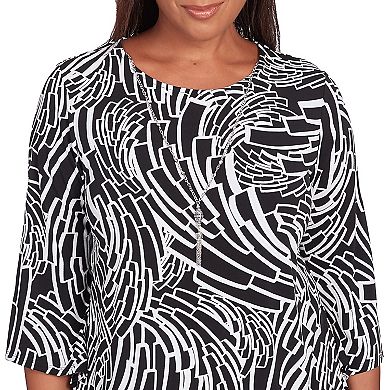 Petite Alfred Dunner Puff Print Geo Waves Top with Necklace
