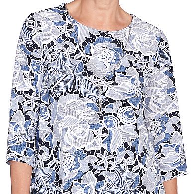 Petite Alfred Dunner Puff Print Lacey Floral Top with Necklace