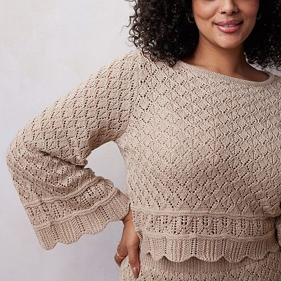 Plus Size LC Lauren Conrad Pointelle Bell Sleeve Scalloped Pullover Sweater