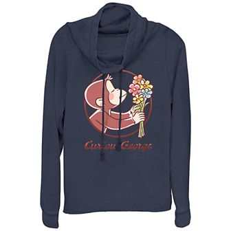 Juniors' Curious George Smelling Flowers Cowlneck Graphic Lightweight Long Sleeve