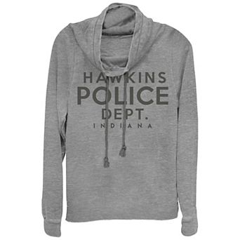 Juniors' Stranger Things Hawkins Police Dept. Cowlneck Graphic Lightweight Long Sleeve