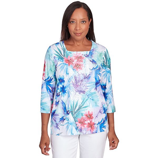 Women's Alfred Dunner Tropical Birds Lace Paneled Top
