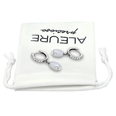 Aleure Precioso Sterling Silver Freshwater Cultured Pearl Drop & Pave Cubic Zirconia Huggie Hoop Earrings