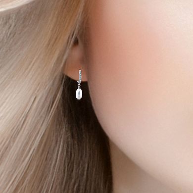 Aleure Precioso Sterling Silver Freshwater Cultured Pearl Drop & Pave Cubic Zirconia Huggie Hoop Earrings 