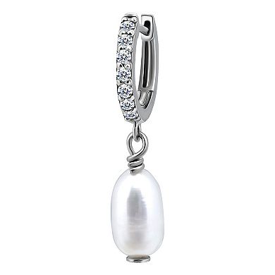Aleure Precioso Sterling Silver Freshwater Cultured Pearl Drop & Pave Cubic Zirconia Huggie Hoop Earrings 