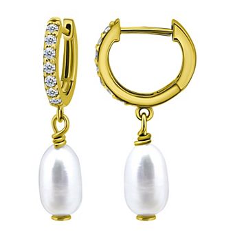 Aleure Precioso Sterling Silver Freshwater Cultured Pearl Drop & Pave Cubic Zirconia Huggie Hoop Earrings