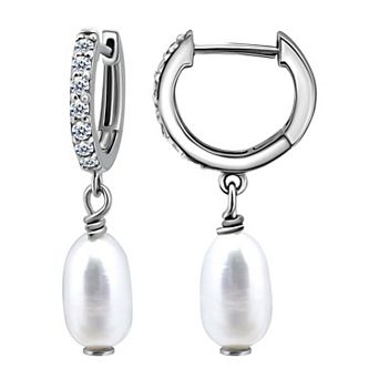 Aleure Precioso Sterling Silver Freshwater Cultured Pearl Drop & Pave Cubic Zirconia Huggie Hoop Earrings