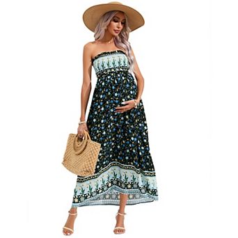 Women's Maternity Smocked Dress Boho Strapless Summer Casual Floral Flowy Tube Top Maxi Dress