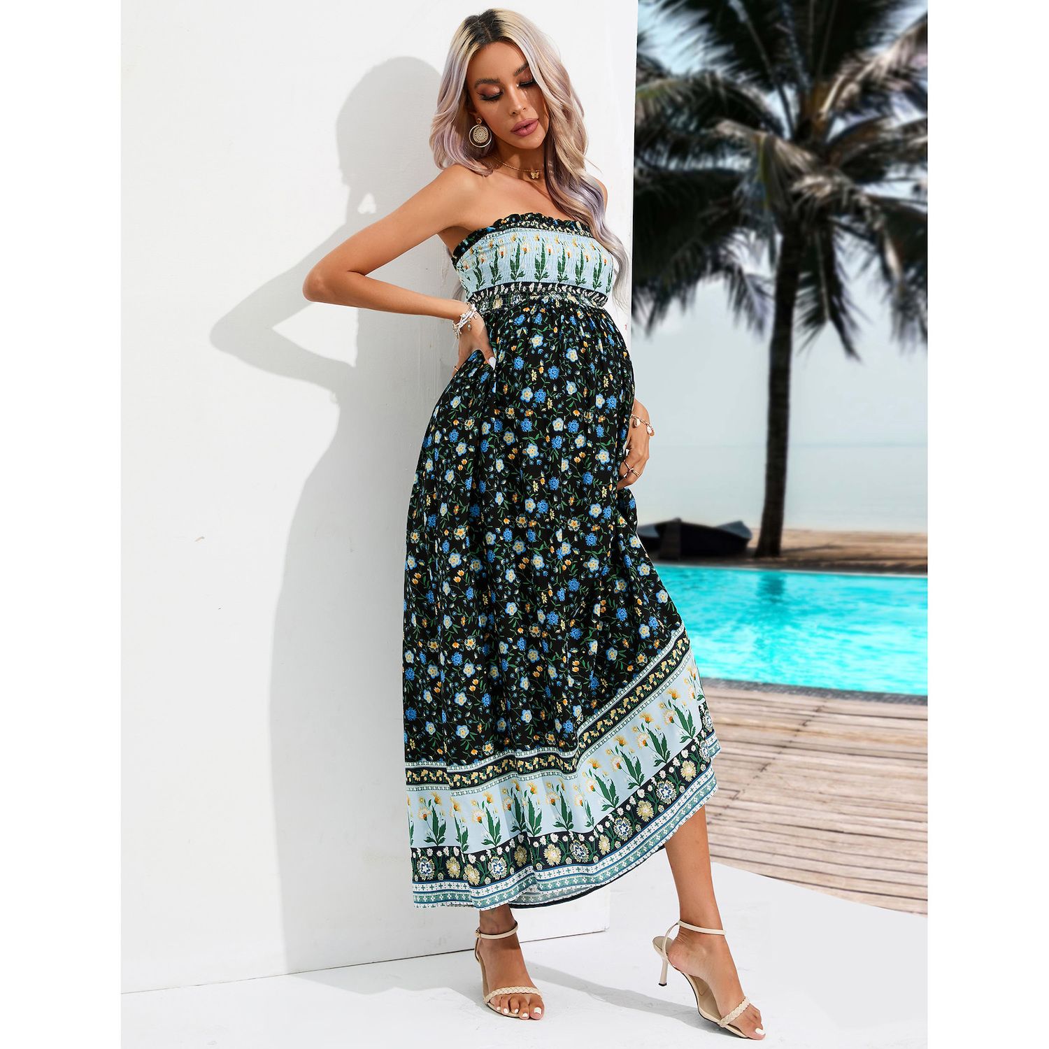 strapless maternity dress Pink Floral Ruffle Front Maxi  PinkBlush lined maternity maxi that flatters every stage of pregnancy with comfort and elegance. Momyknows Brown Mesh Ruched Bandeau