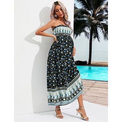 Women's Maternity Smocked Dress Boho Strapless Summer Casual Floral Flowy Tube Top Maxi Dress