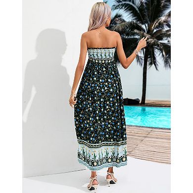 Women's Maternity Smocked Dress Boho Strapless Summer Casual Floral Flowy Tube Top Maxi Dress