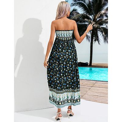 Women s Maternity Smocked Dress Boho Strapless Summer Casual Floral Flowy Tube Top Maxi Dress