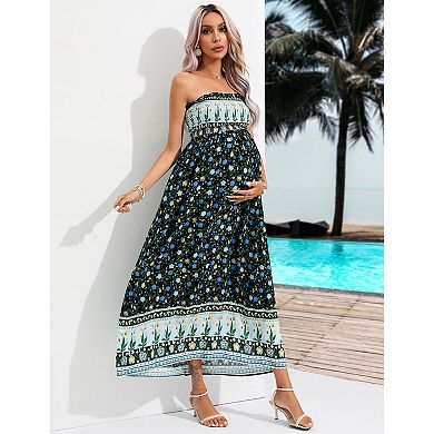 Women's Maternity Smocked Dress Boho Strapless Summer Casual Floral Flowy Tube Top Maxi Dress