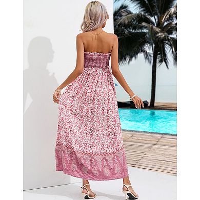 Women's Maternity Smocked Dress Boho Strapless Summer Casual Floral Flowy Tube Top Maxi Dress