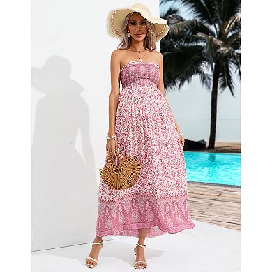 Women's Maternity Smocked Dress Boho Strapless Summer Casual Floral Flowy Tube Top Maxi Dress