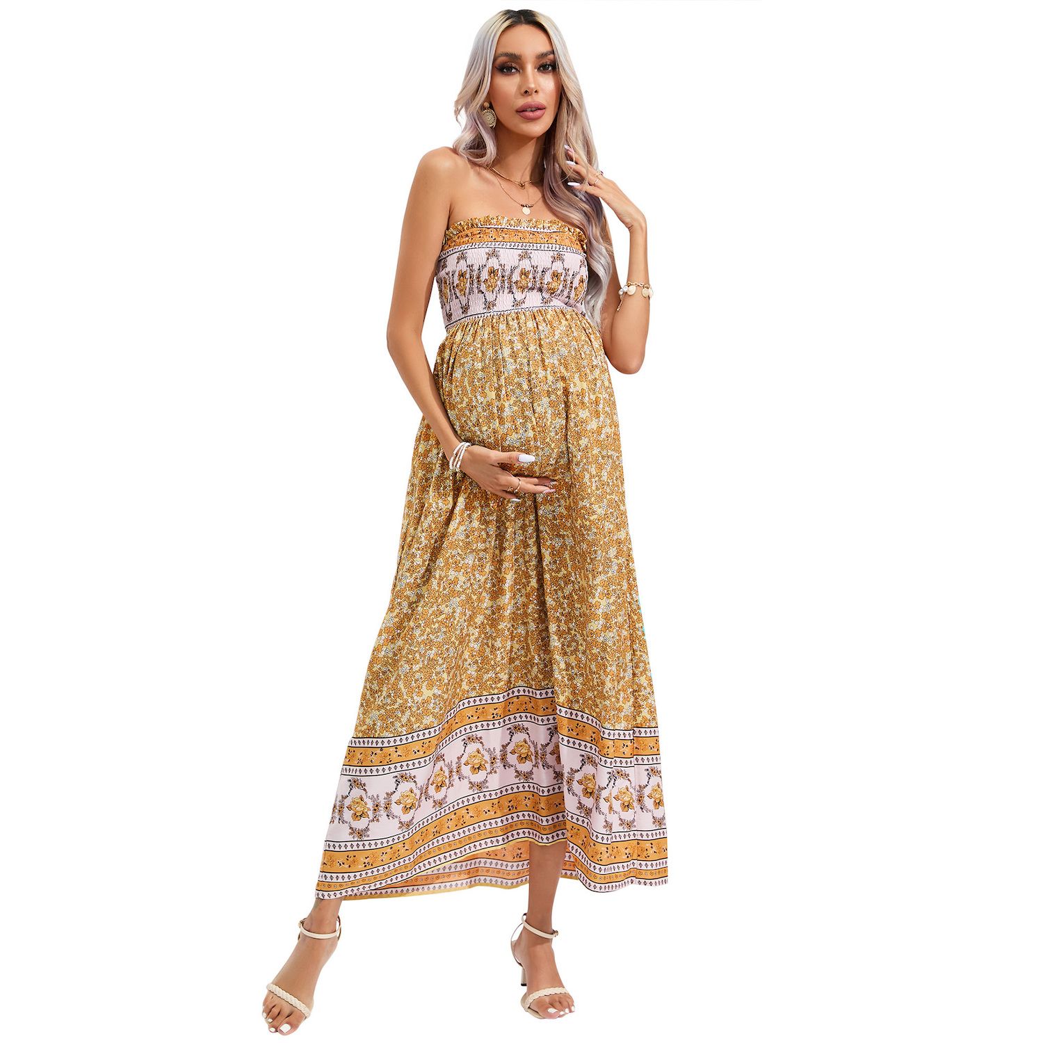 Women's Maternity Smocked Dress Boho Strapless Summer Casual Floral Flowy  Tube Top Maxi Dress