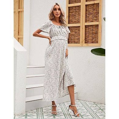 Women's Maternity Square Neck Short Sleeve Dress Summer Smocked Waist Ruffle Boho Maxi Dress