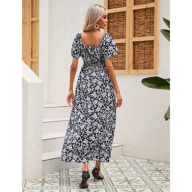 Women's Maternity Square Neck Short Sleeve Dress Summer Smocked Waist Ruffle Boho Maxi Dress